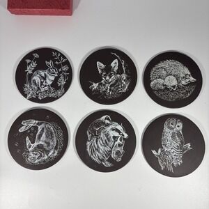 Vintage Slate‎ Wildlife Hot Cold Beverage Coasters Engraved Felt Backings